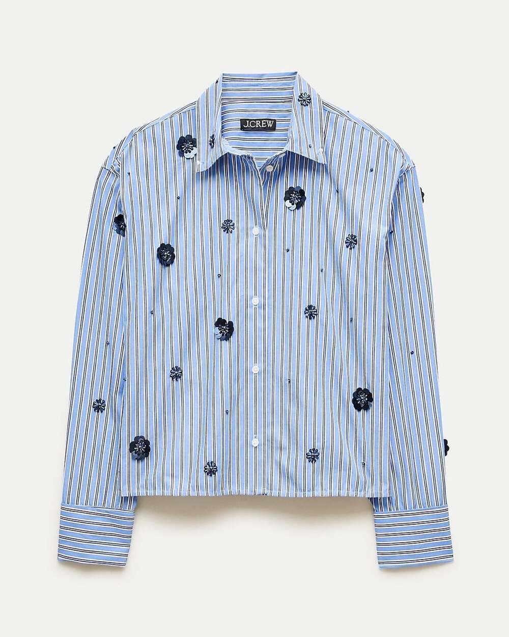 J.Crew Button-Up Shirt in Blue Stripe with Sequin Flowers Size Xsmall   NWT